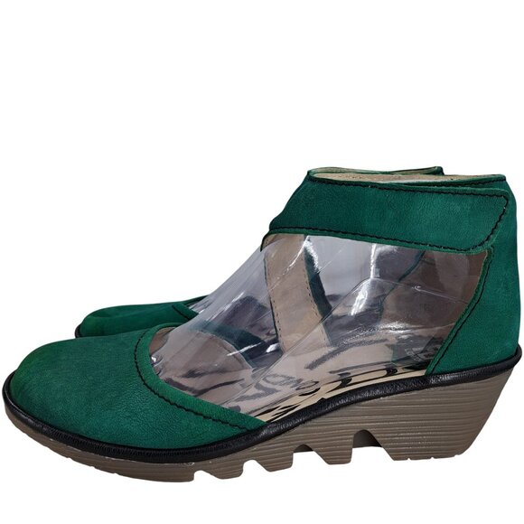 Fly London Piat Green Leather Wedge Ankle Strap Shoes Size 38 US 7.5-8 Mary Jane - Picture 4 of 13